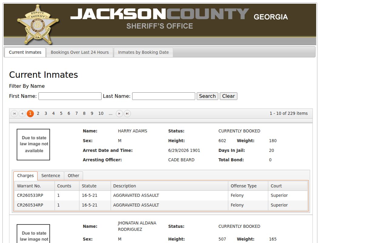 Jackson County official-linked booking index access screen