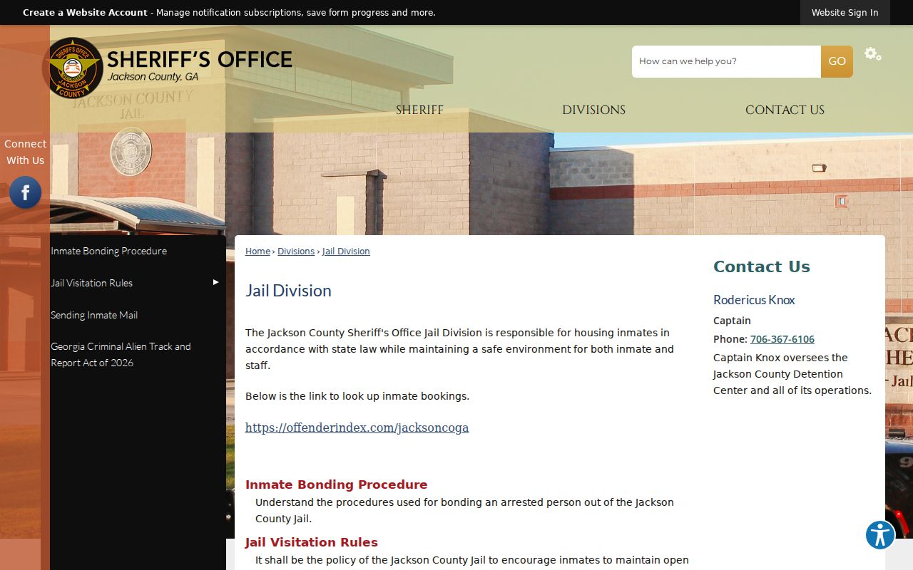 Jackson County Sheriff Jail Division page with booking information