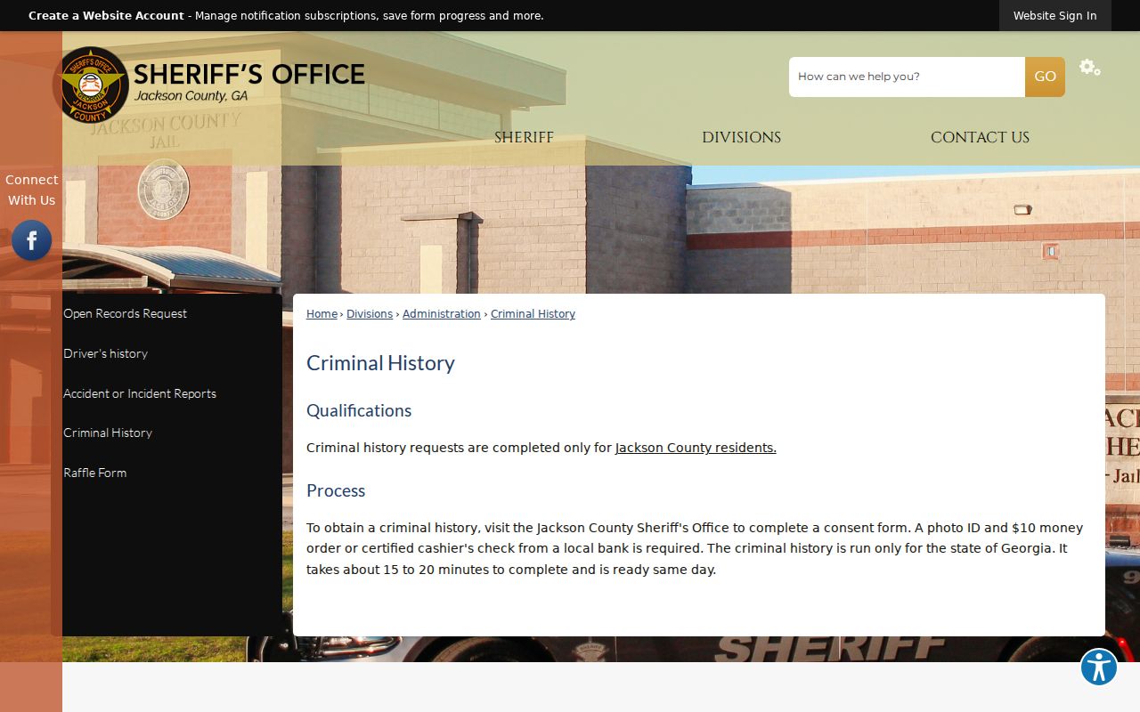 Jackson County Sheriff local criminal history request page