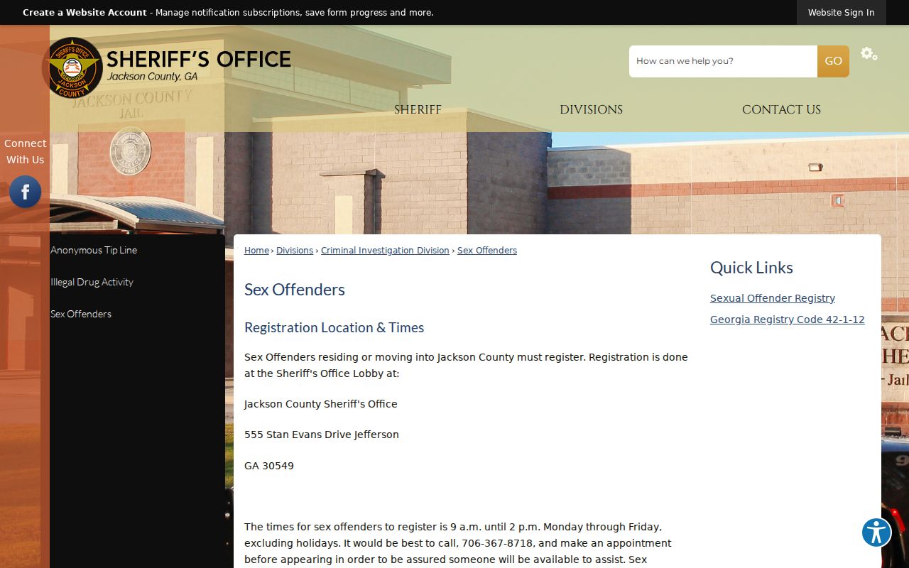Jackson County Sheriff sex offender registration office page